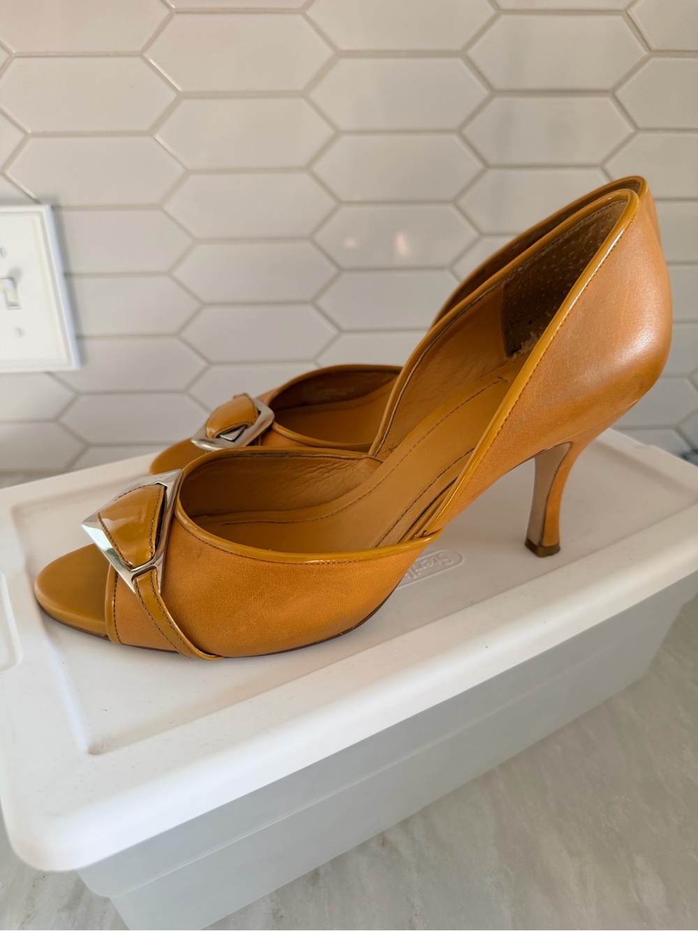 BCBGeneration 
Tan Open-Toe Leather Heels with Decorative Buckle